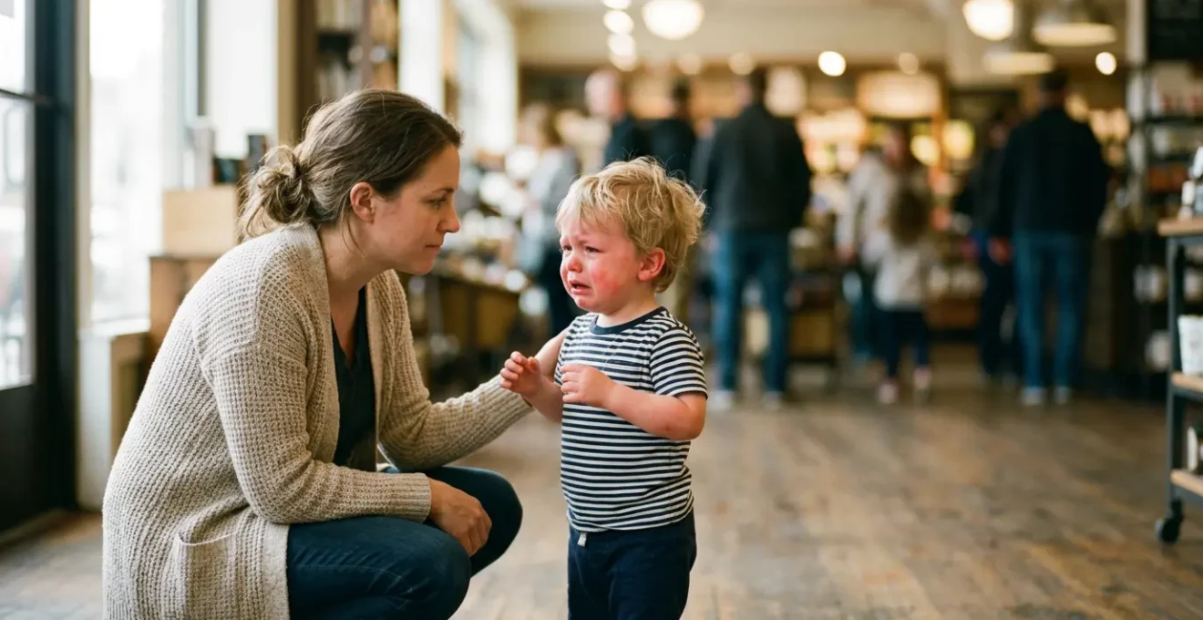 Caring parent kneeling down at toddler's eye level during emotional moment in public space