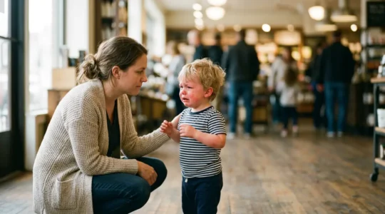 Caring parent kneeling down at toddler's eye level during emotional moment in public space
