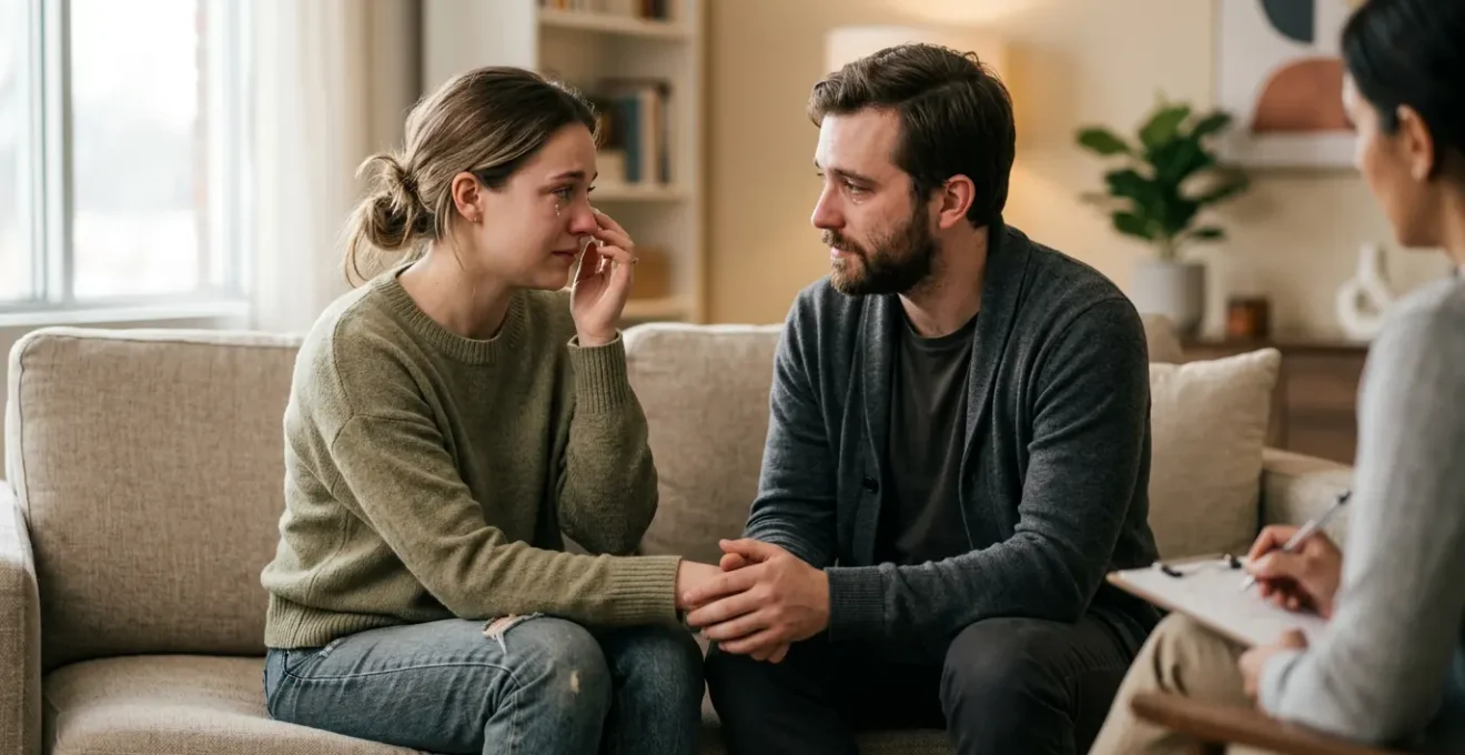 Supportive postpartum couple therapy session depicting emotional connection and communication