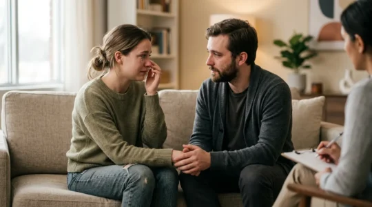Supportive postpartum couple therapy session depicting emotional connection and communication
