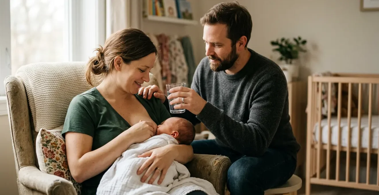 Supportive partner creating nurturing breastfeeding environment for new family