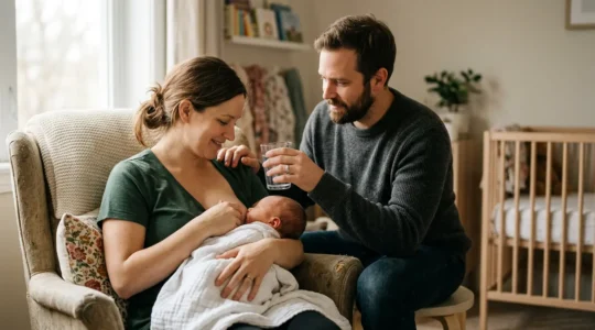 Supportive partner creating nurturing breastfeeding environment for new family