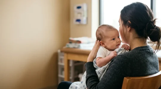 Calm parent-child moment during pediatric checkup consultation