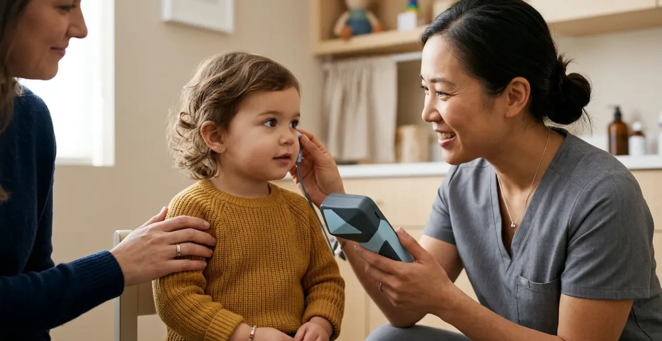 Pediatric ophthalmologist conducting vision and hearing screening on young child in clinical setting