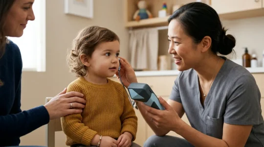Pediatric ophthalmologist conducting vision and hearing screening on young child in clinical setting