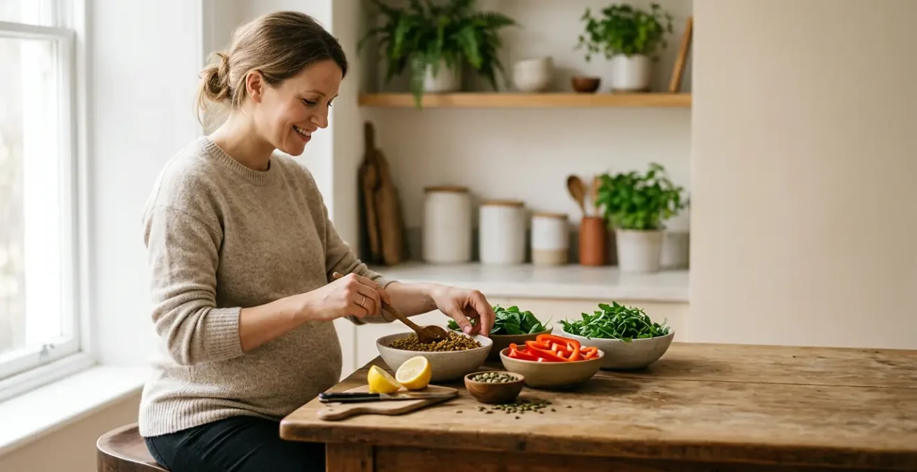 Pregnant woman preparing nutritious plant-based meal with iron-rich legumes and fresh vitamin C sources in bright natural kitchen