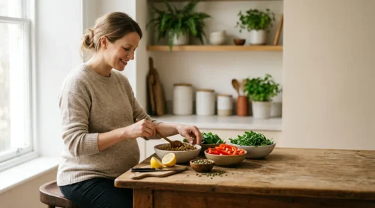 Pregnant woman preparing nutritious plant-based meal with iron-rich legumes and fresh vitamin C sources in bright natural kitchen