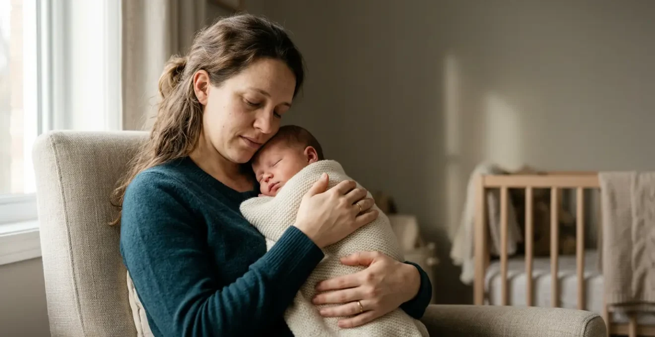 A contemplative new mother experiencing complex emotions in natural postpartum setting