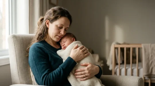 A contemplative new mother experiencing complex emotions in natural postpartum setting