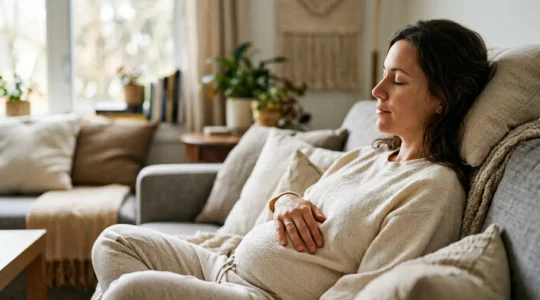 A woman resting peacefully during postnatal recovery after cesarean section