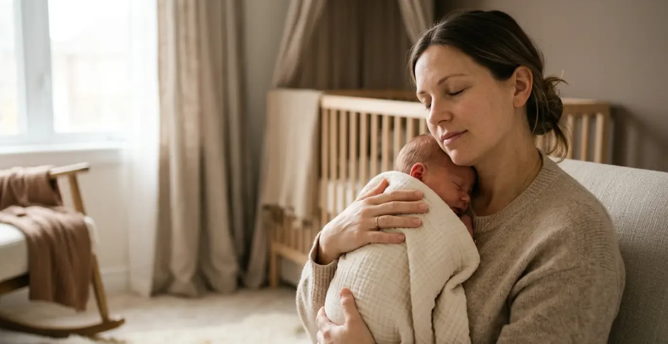 Peaceful postpartum mother experiencing mental clarity while holding infant