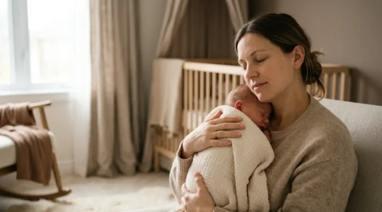 Peaceful postpartum mother experiencing mental clarity while holding infant