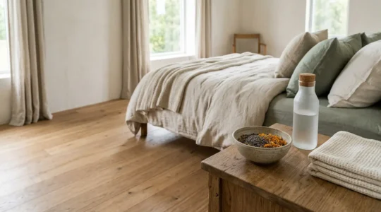 Serene postpartum recovery scene with natural healing elements and soft supportive atmosphere