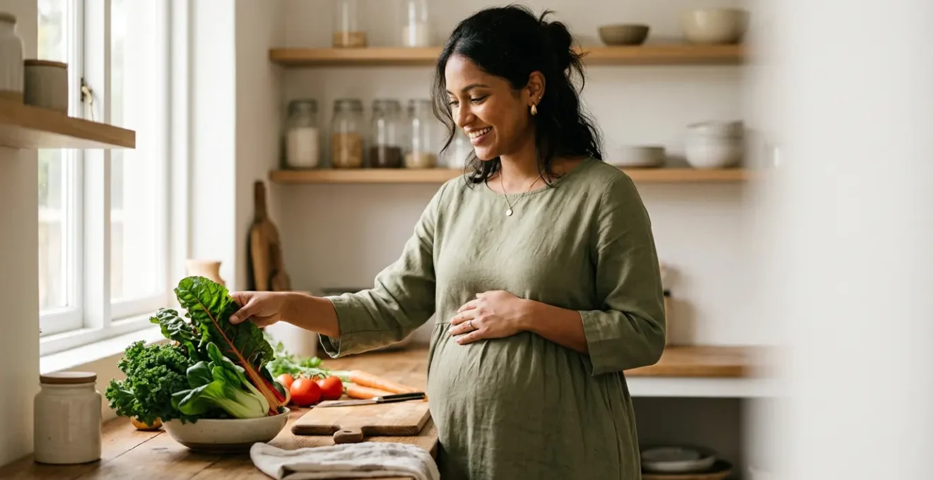 Pregnant woman preparing calcium-rich plant-based meal in a bright kitchen