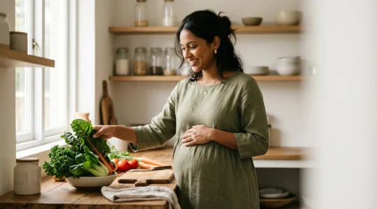 Pregnant woman preparing calcium-rich plant-based meal in a bright kitchen