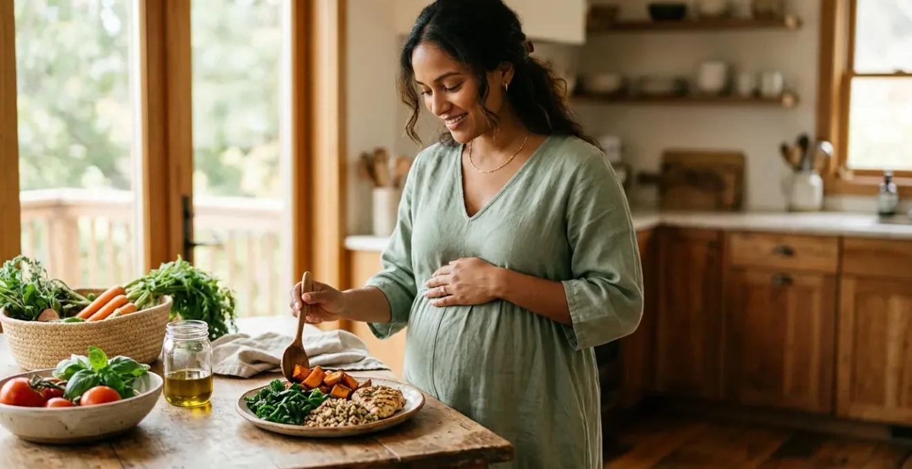 A healthy pregnant woman preparing a balanced meal with colorful vegetables, whole grains, and lean protein in a bright, modern kitchen