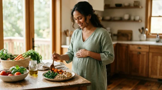 A healthy pregnant woman preparing a balanced meal with colorful vegetables, whole grains, and lean protein in a bright, modern kitchen