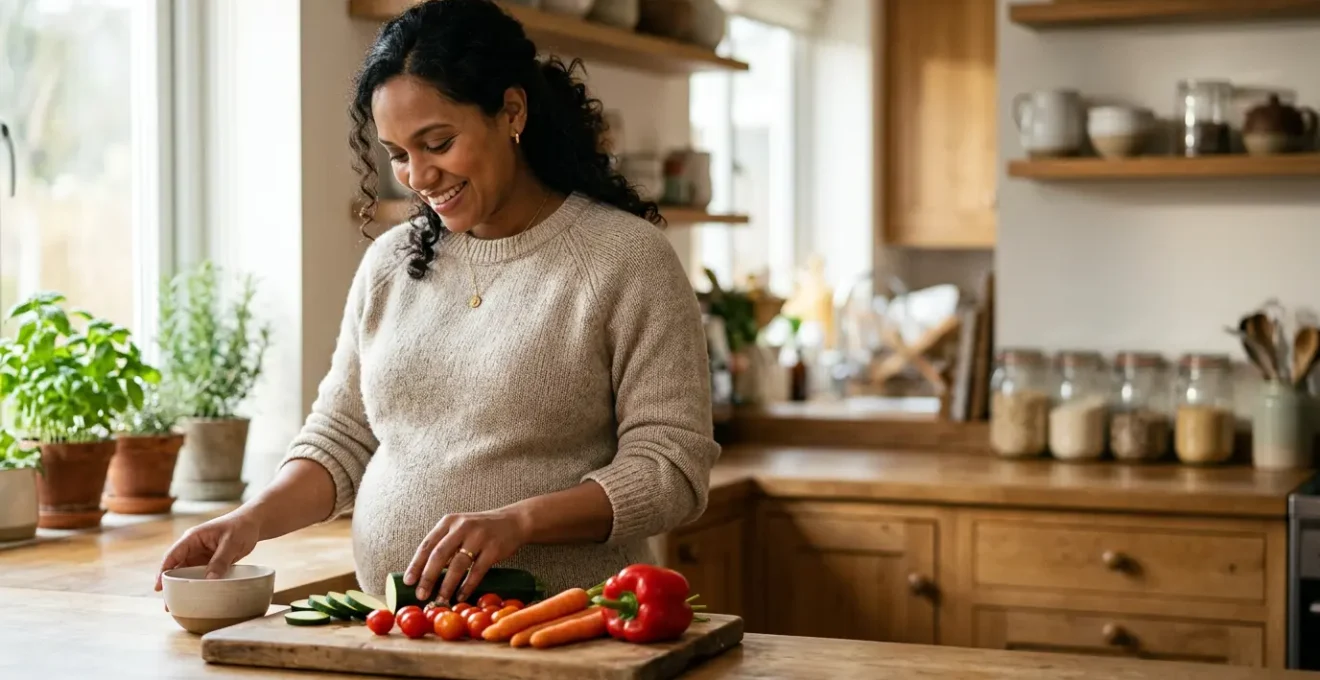 Pregnant woman preparing fresh nutrient-dense meal in warm kitchen setting