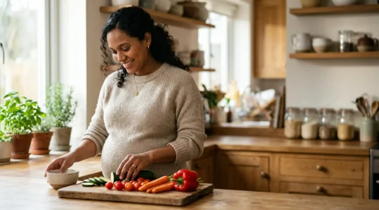 Pregnant woman preparing fresh nutrient-dense meal in warm kitchen setting