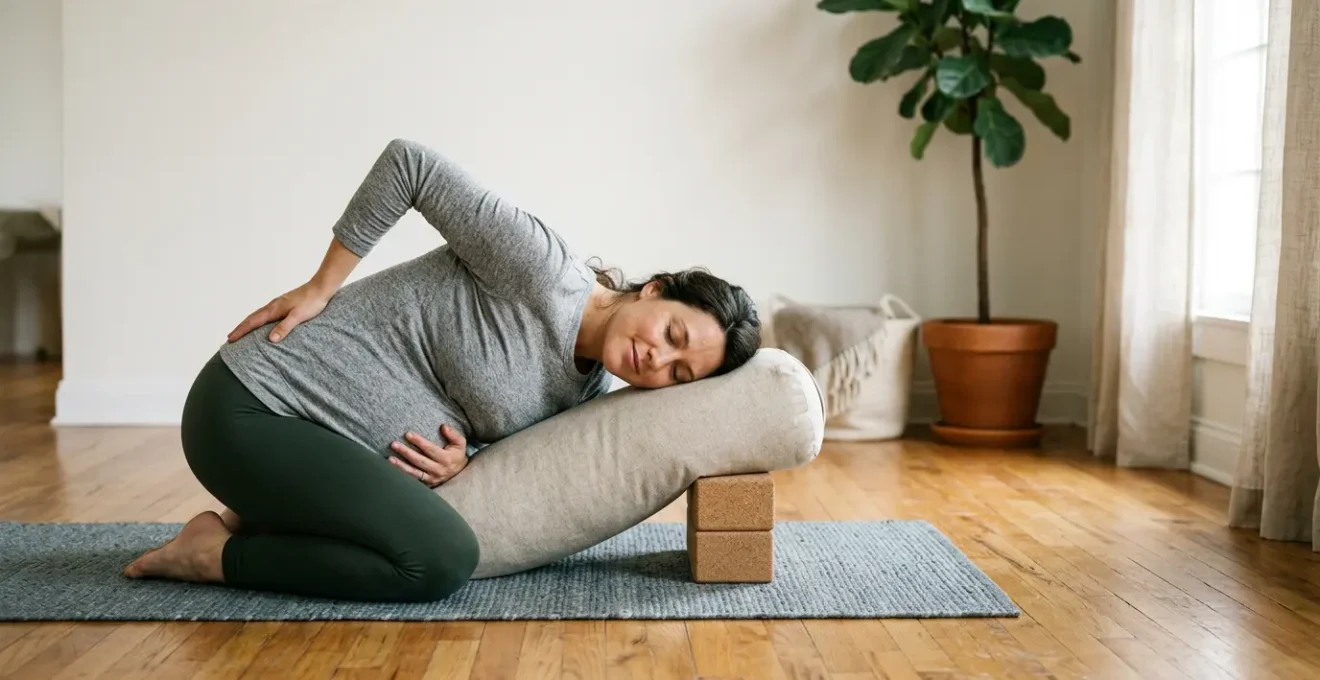 Pregnant woman in third trimester practicing gentle yoga pose for lower back pain relief in peaceful natural light setting