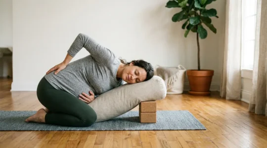 Pregnant woman in third trimester practicing gentle yoga pose for lower back pain relief in peaceful natural light setting