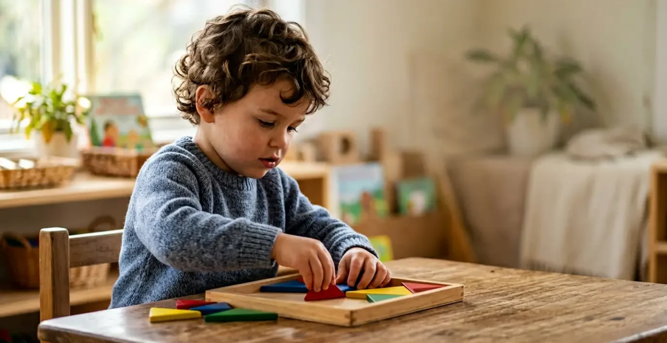 Preschooler concentrating on colorful jigsaw puzzle with natural determination