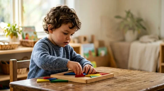 Preschooler concentrating on colorful jigsaw puzzle with natural determination