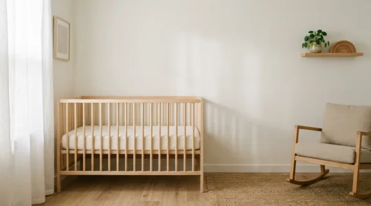 Peaceful sleeping infant transitioning from swaddle in safe nursery environment
