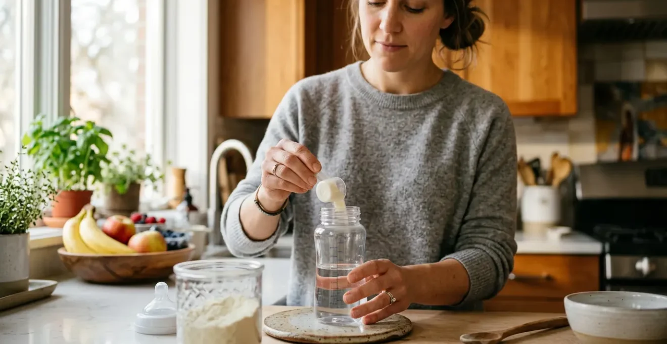 Parent preparing infant formula bottle with care and attention in warm kitchen setting