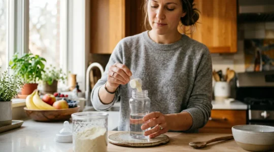 Parent preparing infant formula bottle with care and attention in warm kitchen setting