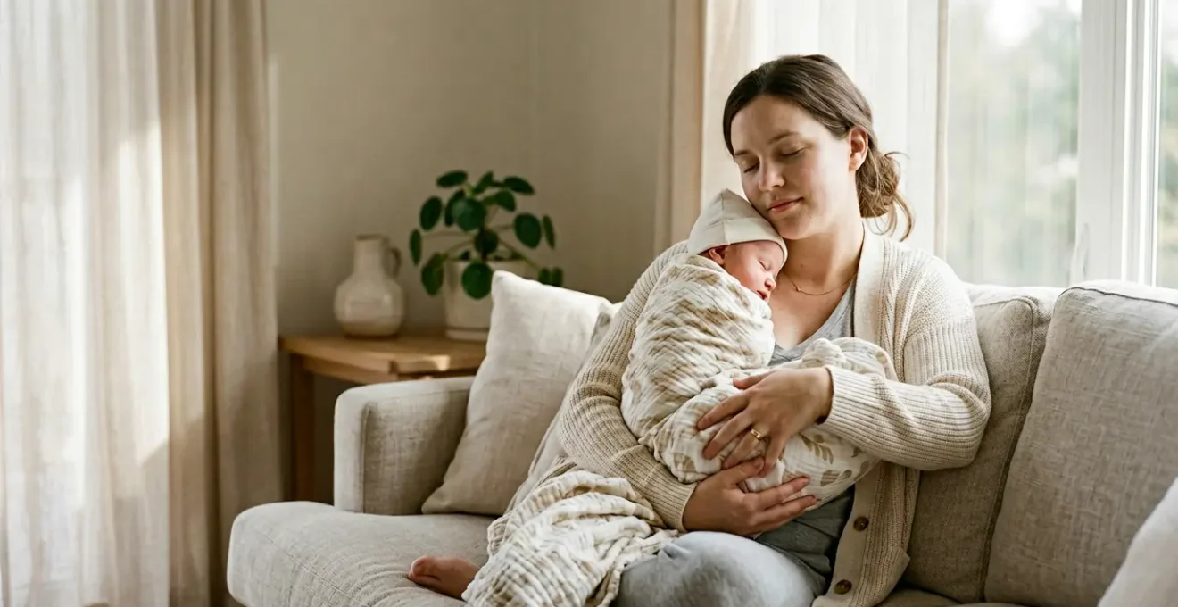 Peaceful postpartum recovery scene showing maternal rest and gentle bonding in natural home environment during the early weeks
