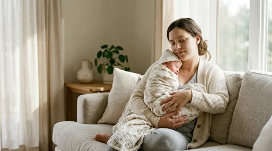 Peaceful postpartum recovery scene showing maternal rest and gentle bonding in natural home environment during the early weeks