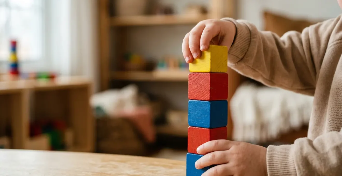 Close-up of toddler hands carefully stacking colorful wooden building blocks on a wooden surface, demonstrating early STEM learning through tactile play