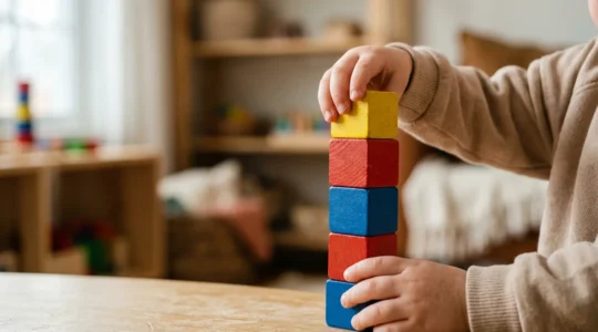 Close-up of toddler hands carefully stacking colorful wooden building blocks on a wooden surface, demonstrating early STEM learning through tactile play