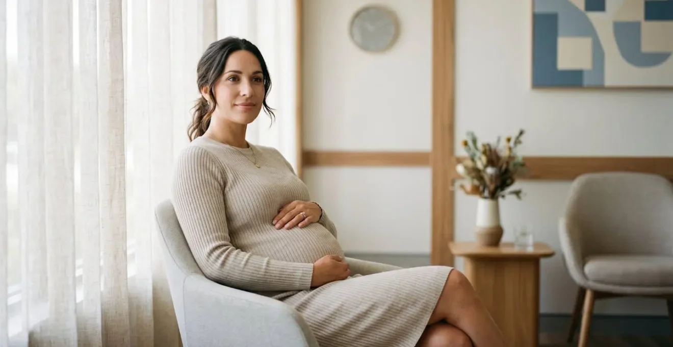 Expectant mother looking at ultrasound image with calm reassurance during prenatal appointment