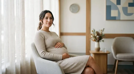 Expectant mother looking at ultrasound image with calm reassurance during prenatal appointment