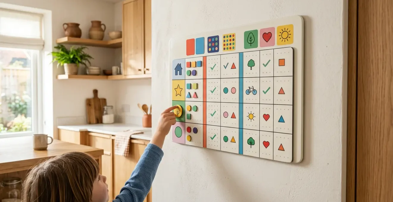 A warm family kitchen scene showing a visual chore chart system in action with magnetic pieces and collaborative household planning