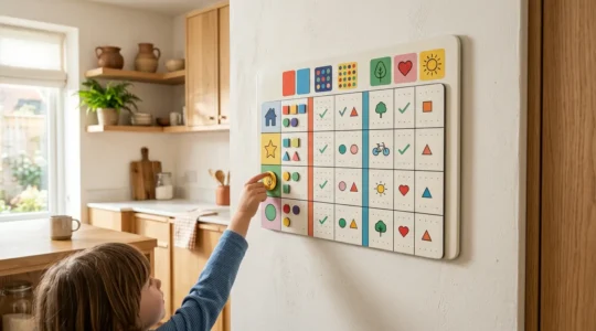 A warm family kitchen scene showing a visual chore chart system in action with magnetic pieces and collaborative household planning