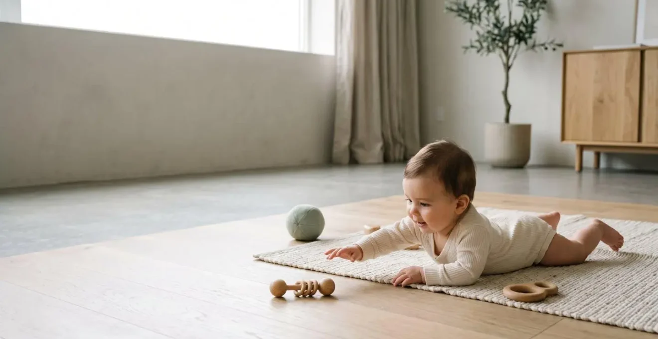 Baby engaging with colorful toys during supervised floor play session