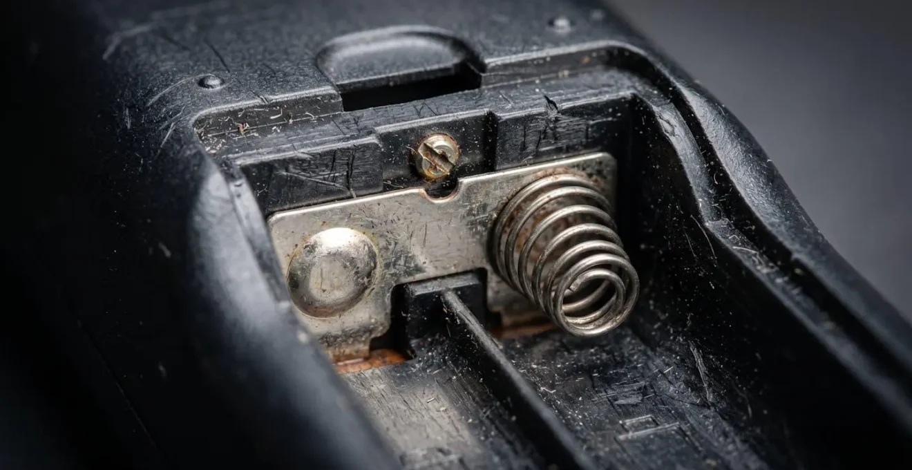 Extreme close-up macro photograph of button battery compartment showing security concerns