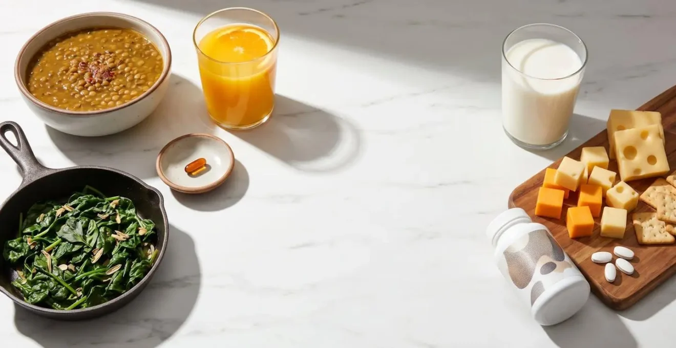 Two separate meal settings on marble surface showing strategic nutrient timing for optimal iron absorption during pregnancy