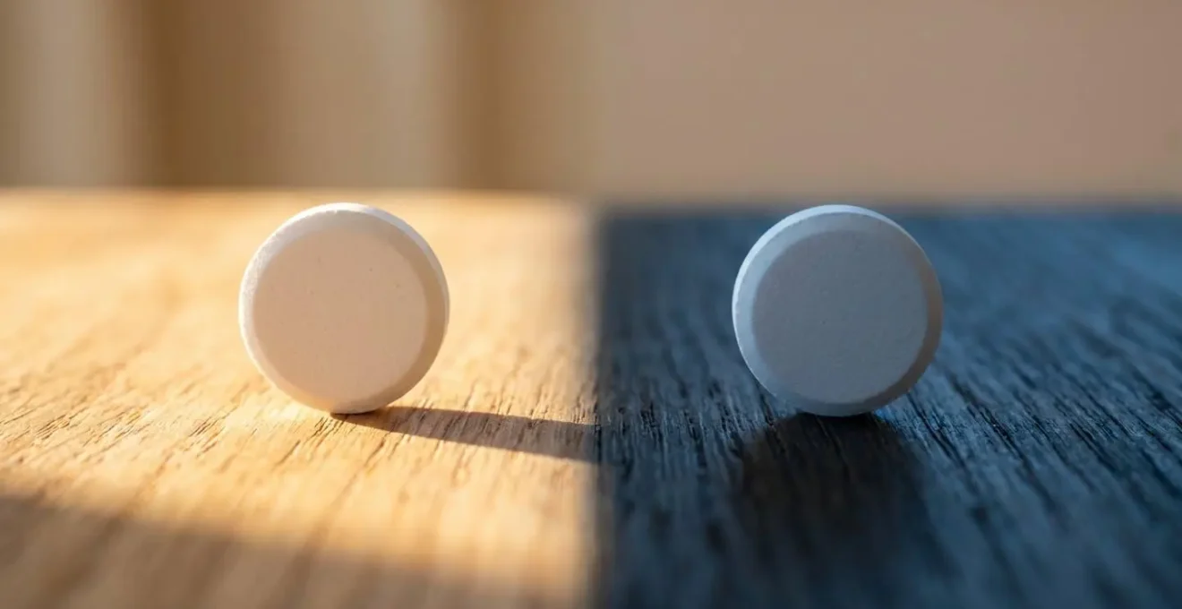 Two calcium supplement tablets placed on a minimalist wooden surface with morning sunlight and evening shadow dividing the frame