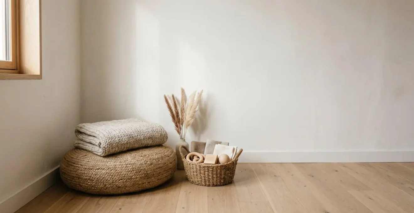Cozy corner with soft textures and calming sensory objects arranged in warm natural light