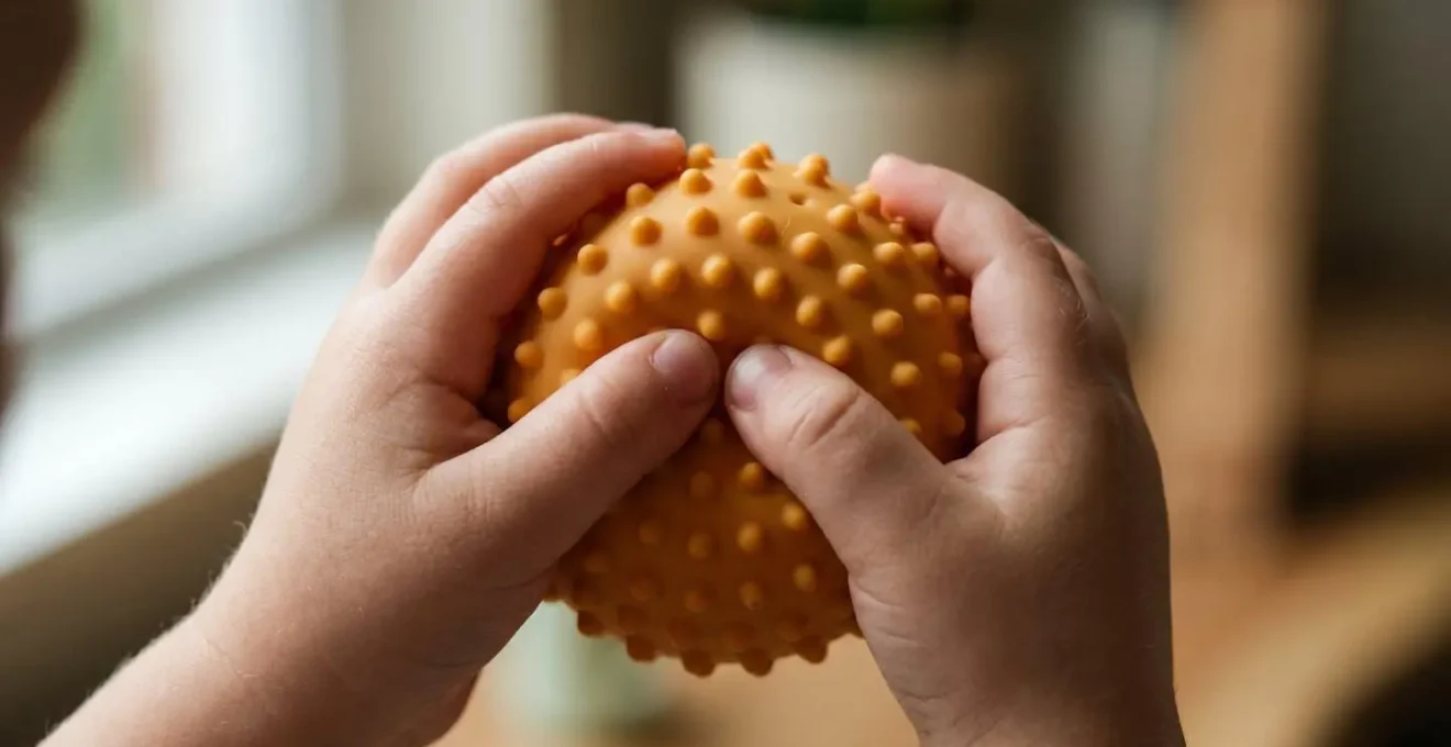 Close-up of hands holding a textured stress ball with soft natural lighting symbolizing emotional regulation