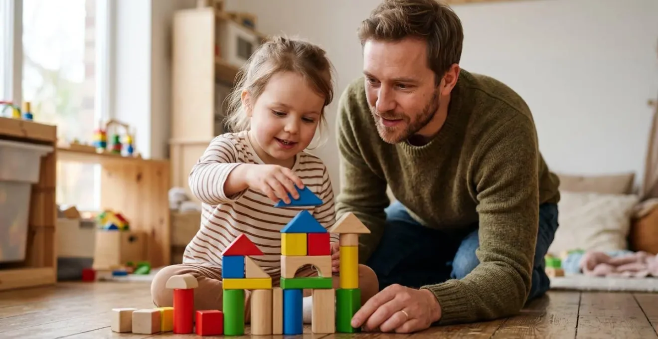 Child leading imaginative play while parent observes with genuine interest and validation