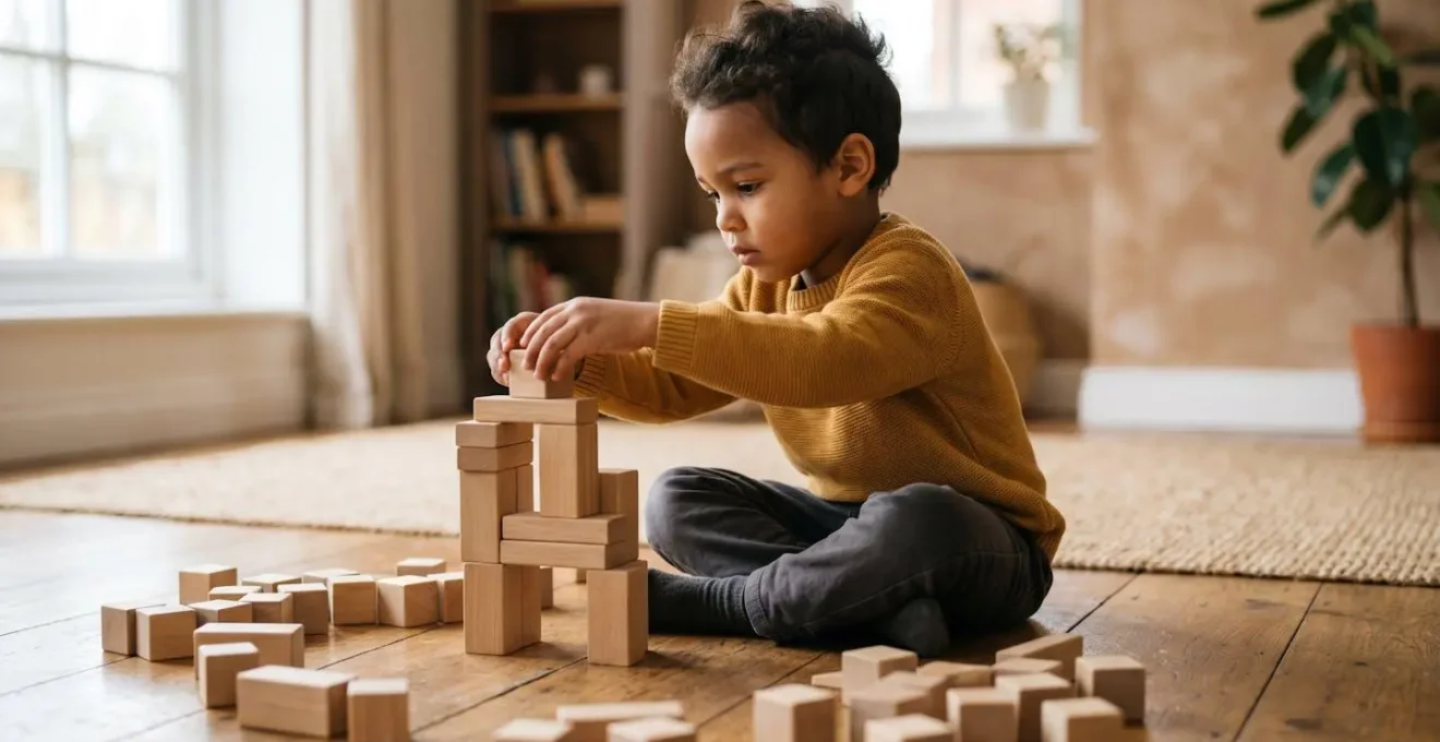 A preschool child deeply focused on building an imaginative block structure, surrounded by scattered wooden blocks showing independent creative exploration
