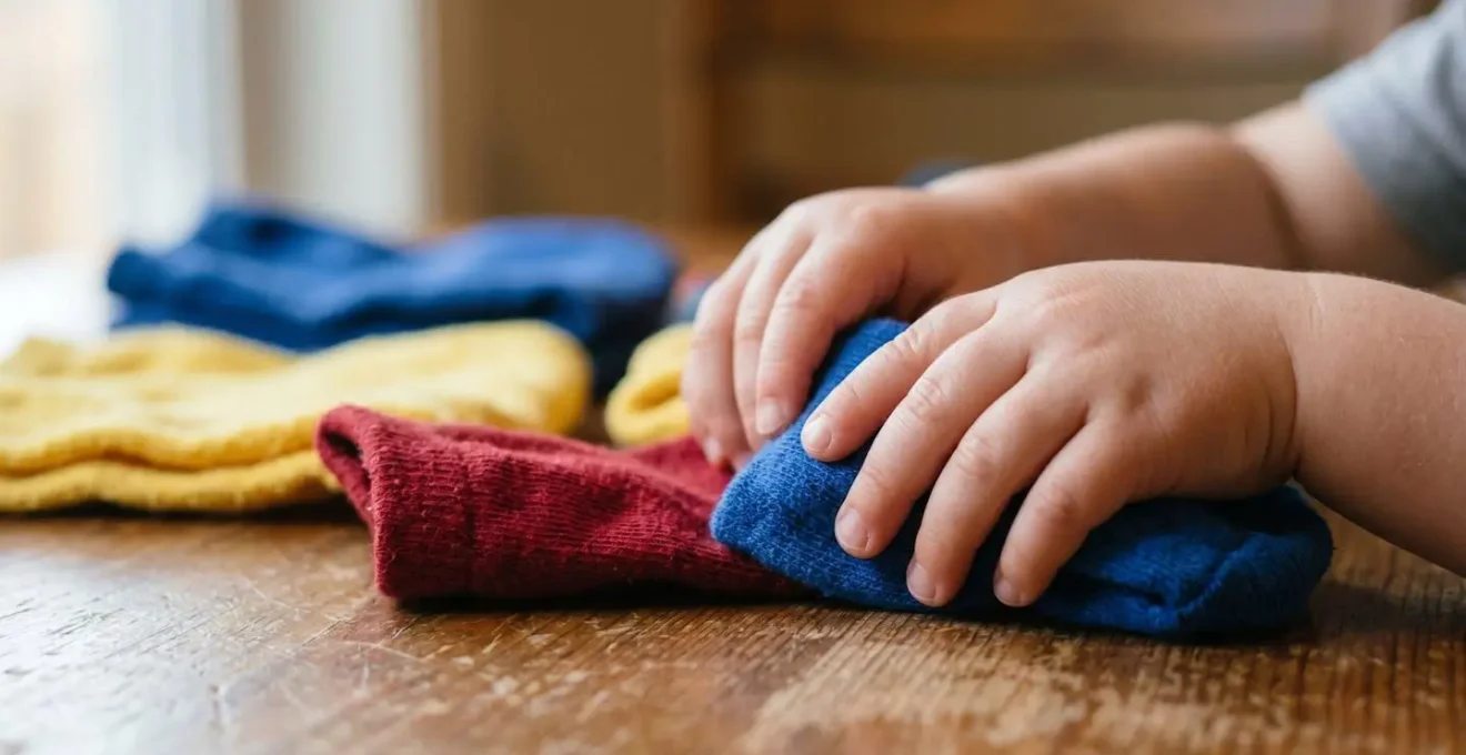 Young child sorting colorful fabric items demonstrating life skills through playful engagement
