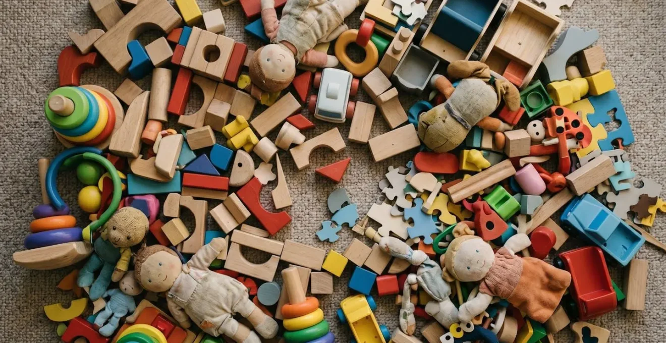 Overhead view of scattered toys creating visual chaos illustrating decision fatigue concept