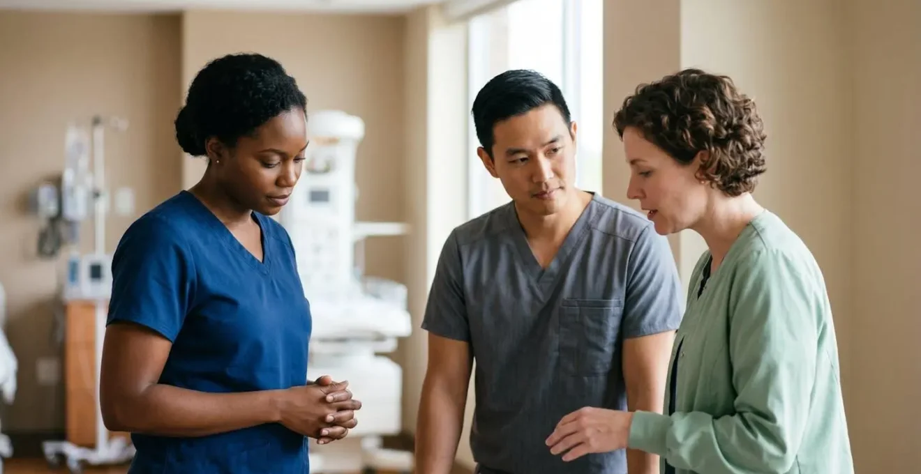 Healthcare professionals in a collaborative discussion, showing teamwork in a maternal care setting.