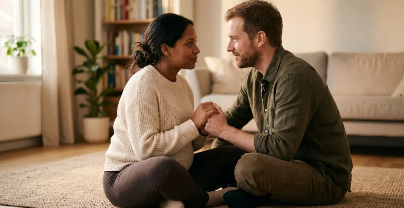 Couple engaged in compassionate communication during pregnancy showing emotional connection and understanding